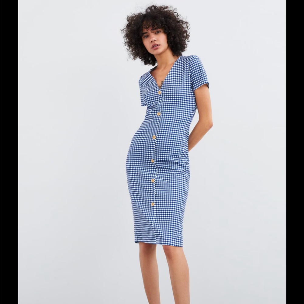 Zara minimalist Blue Gingham Button-Down Dress